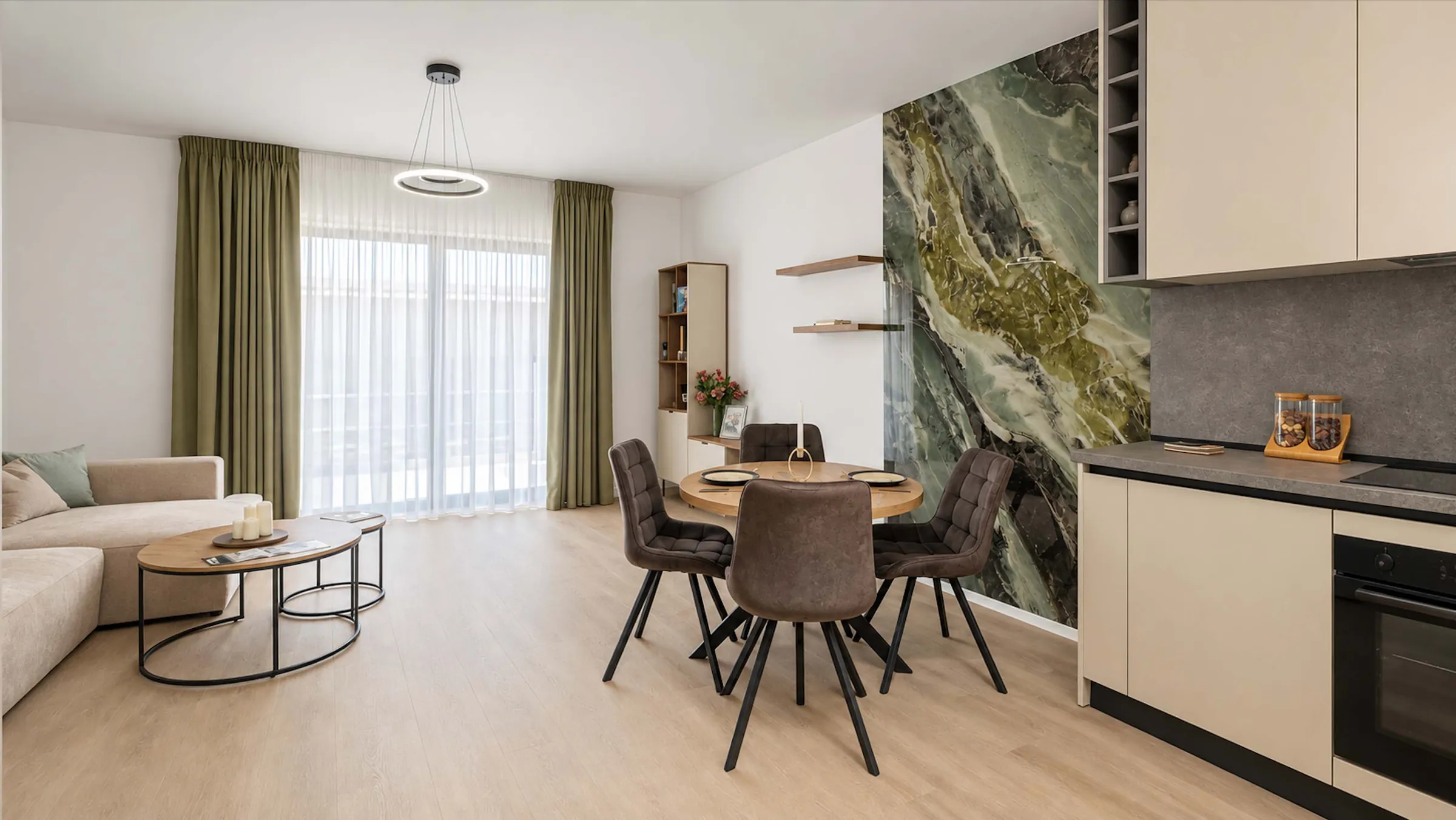 Showroom Alexandriei 152: living cu bucătărie deschisă și masă de dining